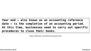 @koenighotze#Devoxx #EventSourcingFTW
Year end – also known as an accounting reference
date – is the completion of an accounting period.
At this time, businesses need to carry out specific
procedures to close their books.
https://debitoor.com/dictionary/year-end
 