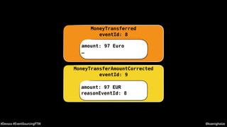 @koenighotze#Devoxx #EventSourcingFTW
MoneyTransferAmountCorrected
eventId: 9
amount: 97 EUR
reasonEventId: 8
MoneyTransferred
eventId: 8
amount: 97 Euro
…
 