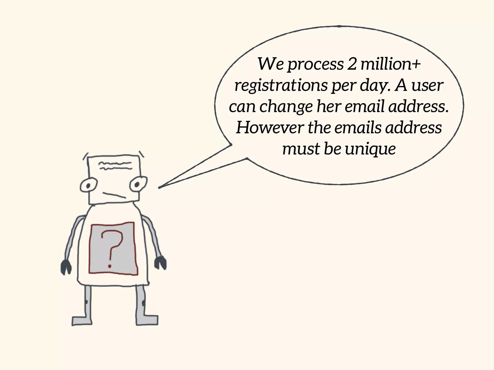 We process 2 million+
registrations per day. A user
can change her email address.
However the emails address
must be unique
 