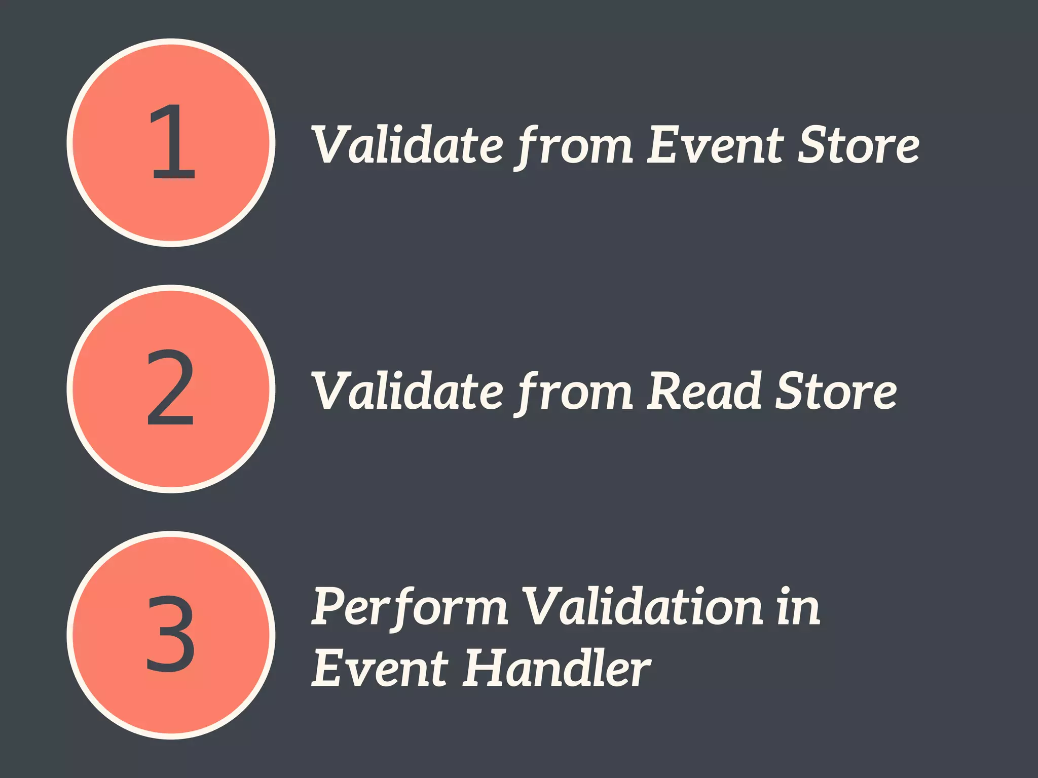 1 Validate from Event Store
2 Validate from Read Store
3 Perform Validation in
Event Handler
 