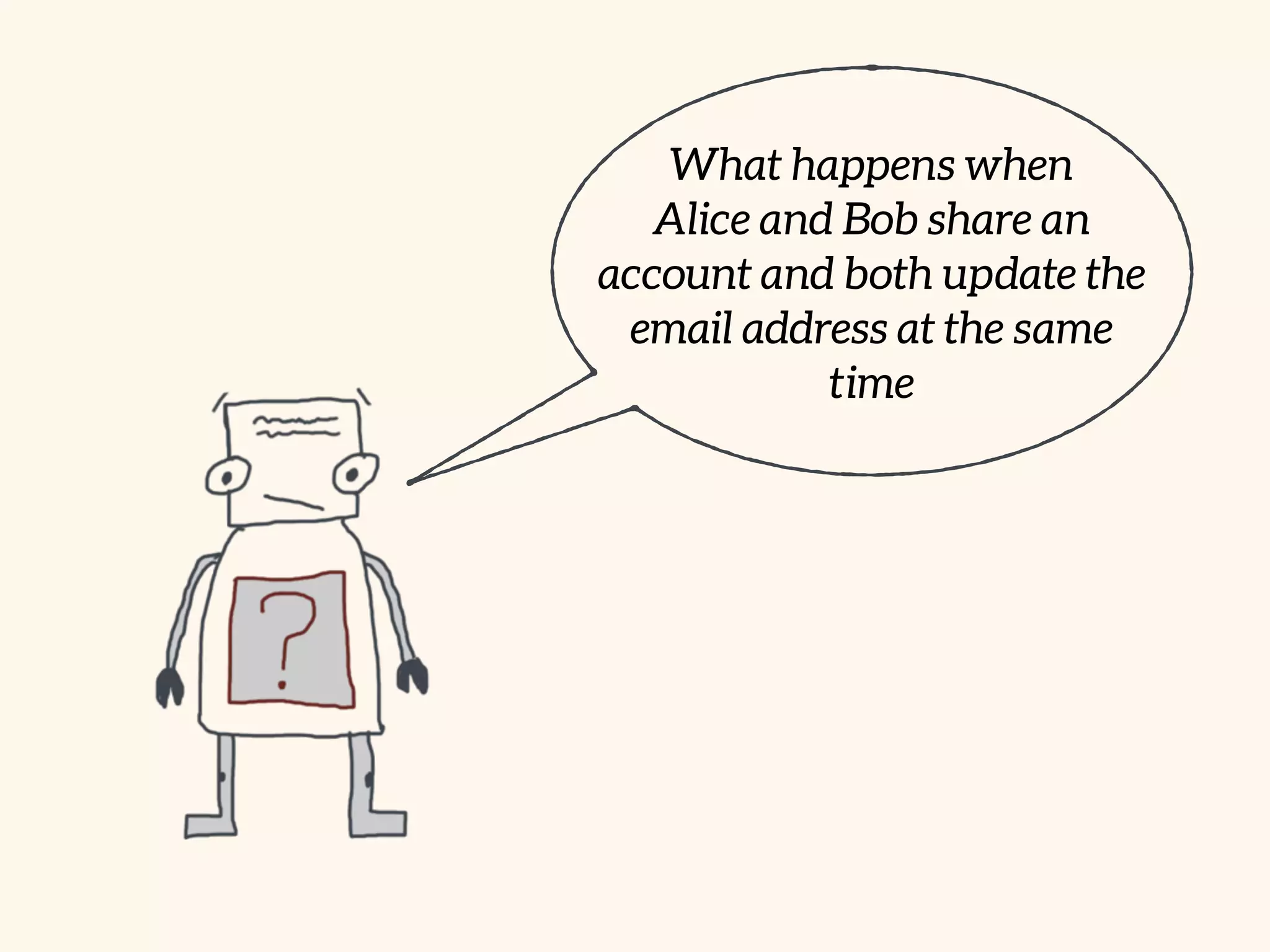 What happens when
Alice and Bob share an
account and both update the
email address at the same
time
 