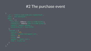 #2#The#purchase#event 
{ 
'_id' : '3318c11e-fe60-4c80-a2b2-7add681492d9', 
'type': 'user-purchased', 
'data': { 
'meta' : { 
'save_date': ISODate("2014-21-11T00:10:09Z"), 
'created_at': ISODate("2014-21-11T00:10:01Z"), 
'source': 'payment-gateway', 
'correlation_id': 'user-123456' 
}, 
'payload' : { 
'user_id': 123, 
'email': 'a-dummy-email@gmail.com', 
'amount': 20, 
'value': EUR, 
'payment': 'credit_card', 
'item': 'fluffy cat' 
} 
} 
} 
 