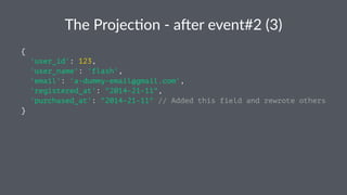 The$Projec*on$,$a.er$event#2$(3) 
{ 
'user_id': 123, 
'user_name': 'flash', 
'email': 'a-dummy-email@gmail.com', 
'registered_at': "2014-21-11", 
'purchased_at': "2014-21-11" // Added this field and rewrote others 
} 
 