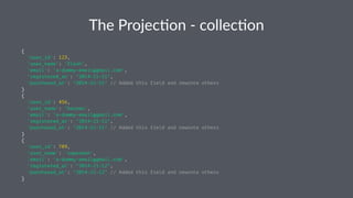 The$Projec*on$,$collec*on 
{ 
'user_id': 123, 
'user_name': 'flash', 
'email': 'a-dummy-email@gmail.com', 
'registered_at': "2014-21-11", 
'purchased_at': "2014-21-11" // Added this field and rewrote others 
} 
{ 
'user_id': 456, 
'user_name': 'batman', 
'email': 'a-dummy-email@gmail.com', 
'registered_at': "2014-21-11", 
'purchased_at': "2014-21-11" // Added this field and rewrote others 
} 
{ 
'user_id': 789, 
'user_name': 'superman', 
'email': 'a-dummy-email@gmail.com', 
'registered_at': "2014-21-12", 
'purchased_at': "2014-21-12" // Added this field and rewrote others 
} 
 