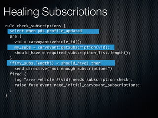 Healing Subscriptions
rule check_subscriptions {
select when pds profile_updated
pre {
vid = carvoyant:vehicle_id();
my_subs = carvoyant:getSubscription(vid);
should_have = required_subscription_list.length();
}
if(my_subs.length() < should_have) then
send_directive("not enough subscriptions")
fired {
log ">>>> vehicle #{vid} needs subscription check";
raise fuse event need_initial_carvoyant_subscriptions;
}
}
 