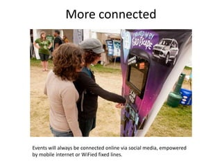 More connected




Events will always be connected online via social media, empowered
by mobile internet or WiFied fixed lines.
 