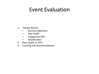 Event Evaluation

1.    Review Results
     •     Business objectives
     •     Foot Traffic
     •     Engagement KPIs
     •     Amplification
2.   Bash results vs. KPI’s
3.   Learning and recommendations
 