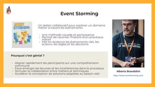 Un atelier collaboratif pour explorer un domaine
métier à travers les événements
• Une méthode visuelle et participative
• Permet de raconter l’histoire d’un processus
métier
• Met en évidence les événements clés, les
acteurs, les règles et les décisions
Event Storming
Alberto Brandolini
Pourquoi c’est génial ?
• Aligner rapidement les participants sur une compréhension
commune
• Faire émerger les lacunes et les incohérences dans le processus
• Stimuler la collaboration entre métiers et techniques
• Accélérer la conception de solutions adaptées au besoin réel
https://www.eventstorming.com/
 