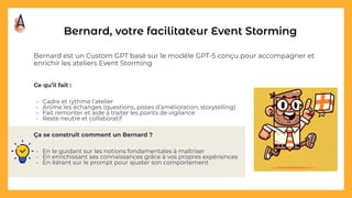 Bernard est un Custom GPT basé sur le modèle GPT-5 conçu pour accompagner et
enrichir les ateliers Event Storming
Bernard, votre facilitateur Event Storming
Ce qu’il fait :
• Cadre et rythme l’atelier
• Anime les échanges (questions, pistes d’amélioration, storytelling)
• Fait remonter et aide à traiter les points de vigilance
• Reste neutre et collaboratif
Ça se construit comment un Bernard ?
• En le guidant sur les notions fondamentales à maîtriser
• En enrichissant ses connaissances grâce à vos propres expériences
• En itérant sur le prompt pour ajuster son comportement
 