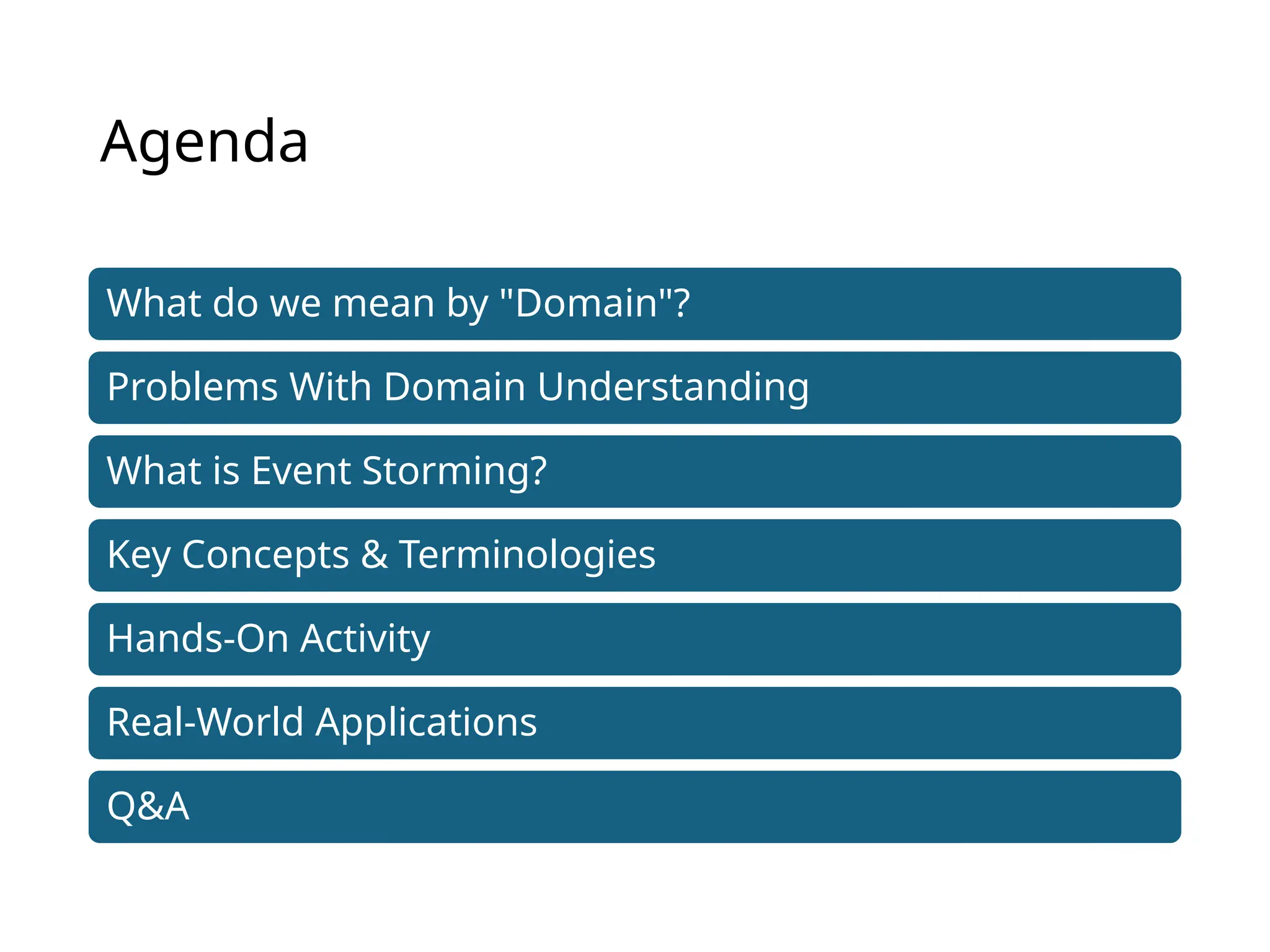 Agenda
What do we mean by "Domain"?
Problems With Domain Understanding
What is Event Storming?
Key Concepts & Terminologies
Hands-On Activity
Real-World Applications
Q&A
 