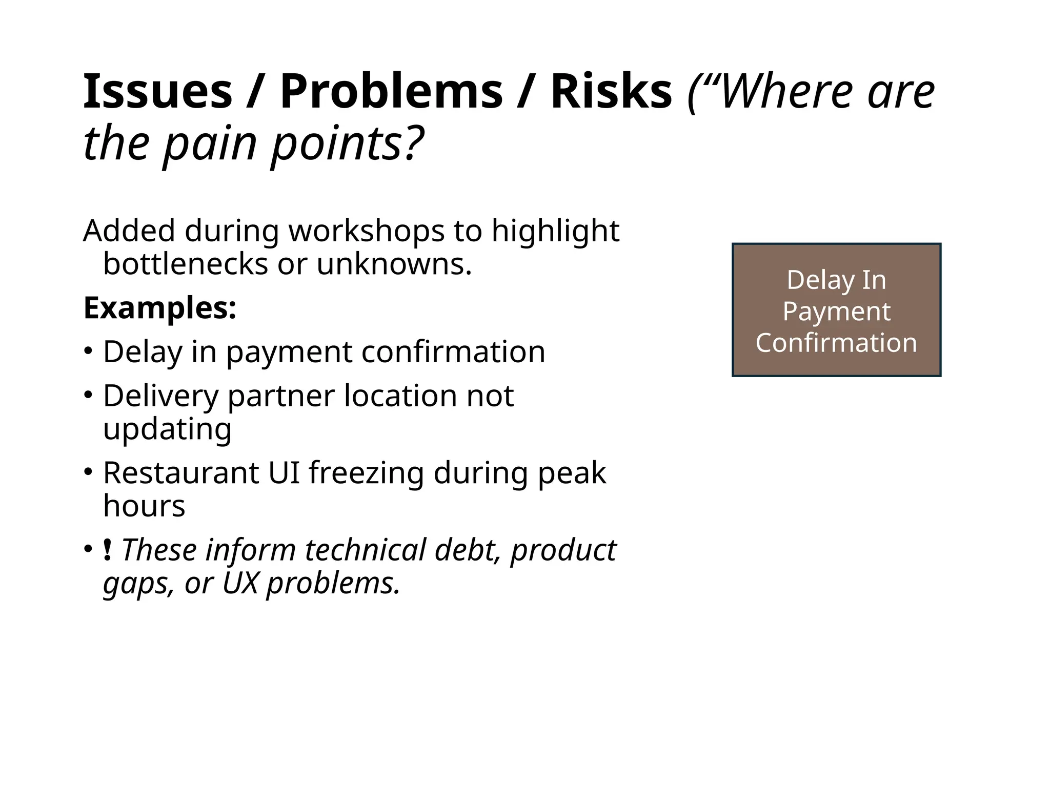 Issues / Problems / Risks (“Where are
the pain points?
Added during workshops to highlight
bottlenecks or unknowns.
Examples:
• Delay in payment confirmation
• Delivery partner location not
updating
• Restaurant UI freezing during peak
hours
• ❗ These inform technical debt, product
gaps, or UX problems.
Delay In
Payment
Confirmation
 