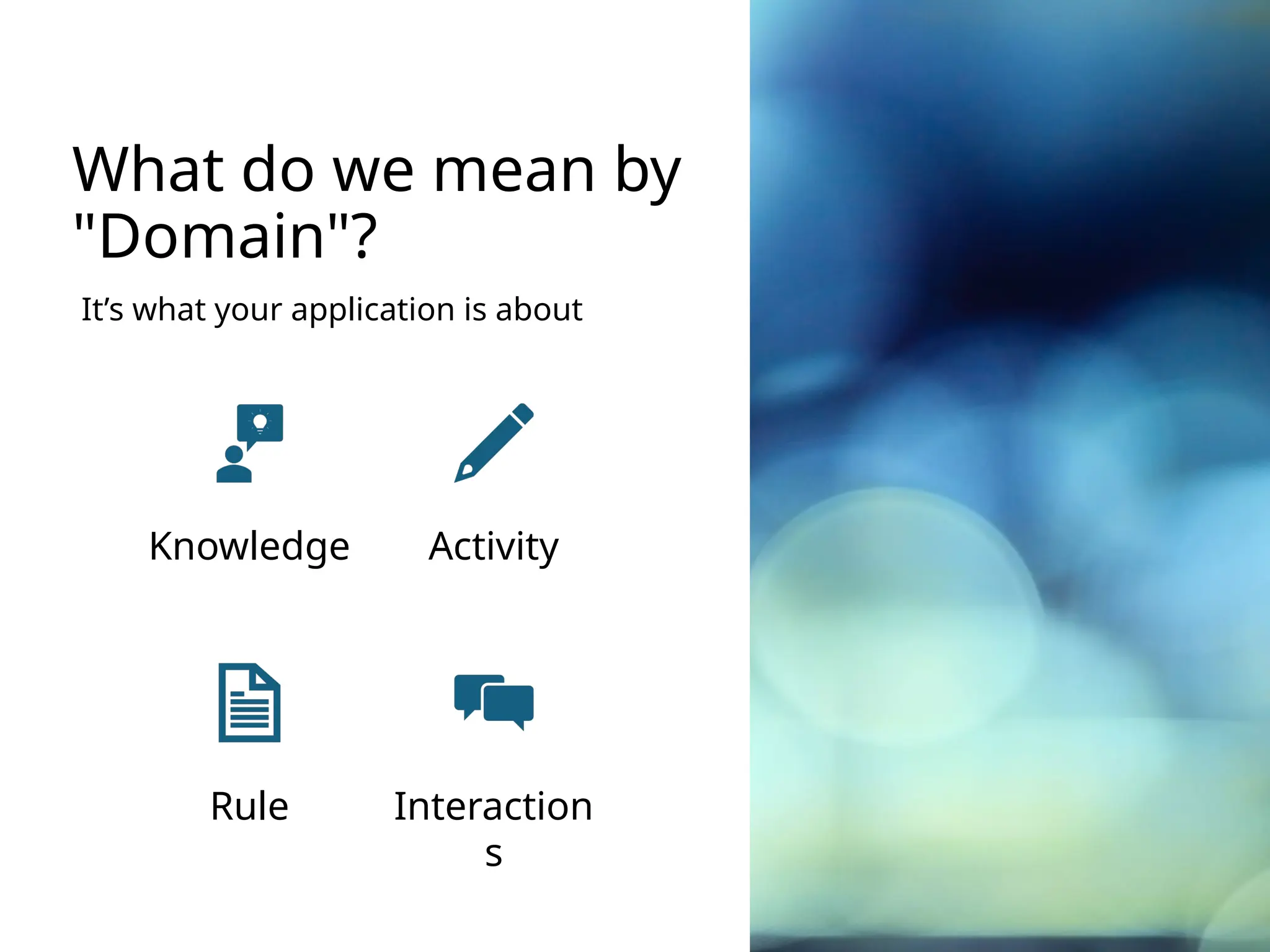 What do we mean by
"Domain"?
It’s what your application is about
Knowledge Activity
Rule Interaction
s
 
