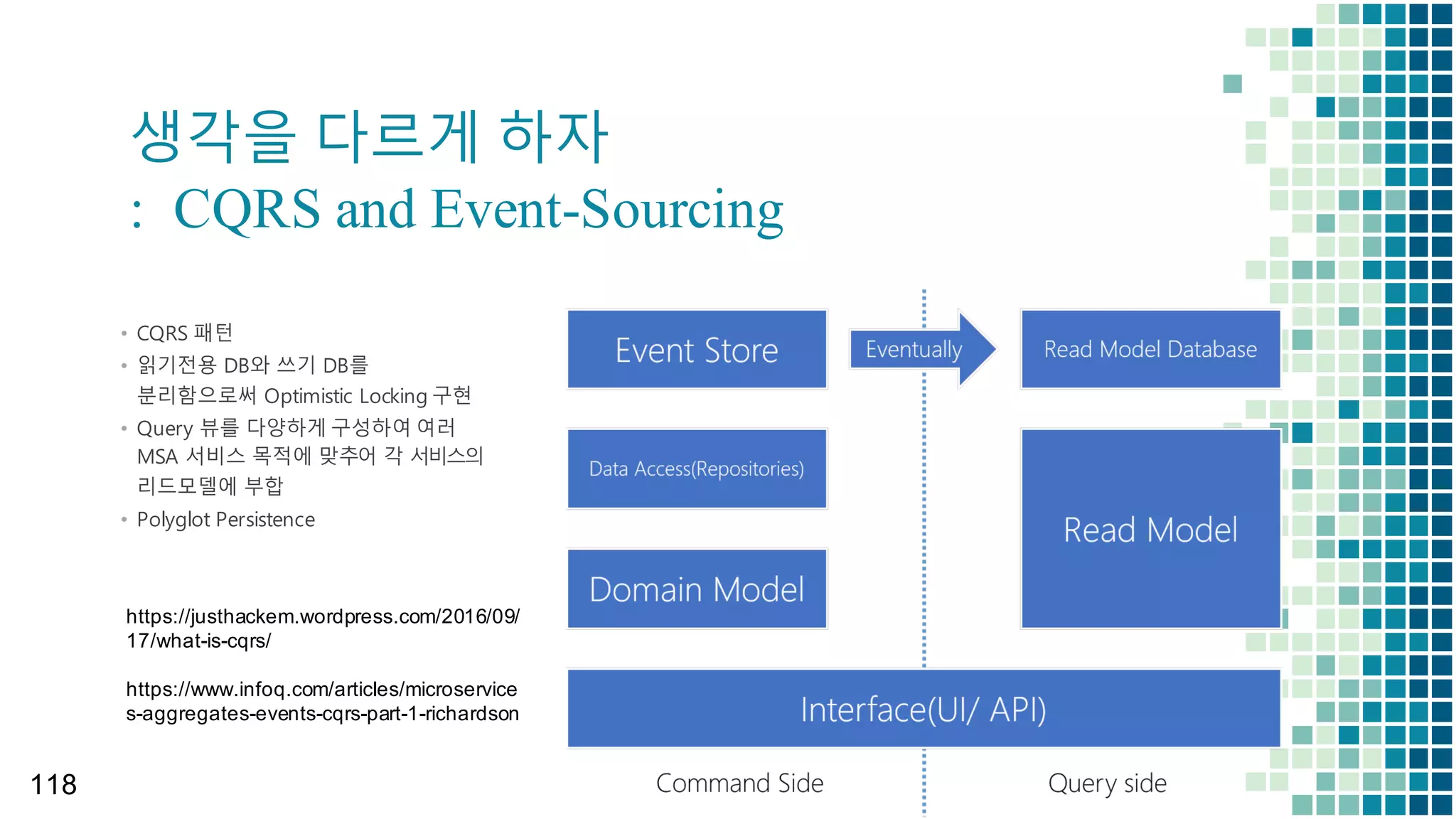 Eventual TX
– Rollback (Saga Pattern)
주문량 : 0 재고량 : 10
주문량 : 1 재고량 : 10 (PENDING)
주문량 : 1  재고량 : 9
주문량 : 2 재고량 : 9 (PENDING)
주문량 : 2 재고량 : 8 à 취소됨
Consistent
In-­consistent
조회화면서비스구성 (Eventual  TX)
Product
(MongoDB)
Order
(MySQL)
Kafka
OrderPlaced
(pub,  PENDING)
OrderPlaced
(sub)
Client  (Web/Mobile)
POST
All-­done
(pub)
CANCELLED
(sub,  DELETE  or  CANCEL)
CANCELLED
(pub)
If~else
주문량 : 2 재고량 : 9
 
