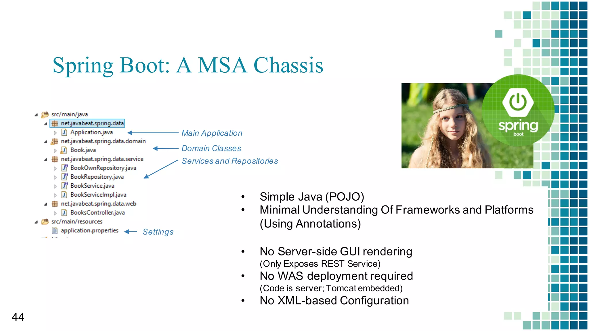 40
▪HATEOAS (Hypertext As The
Engine Of Application State)
▫HATEOAS is deemed the highest maturity level
of REST.
(https://martinfowler.com/articles/richardsonMatu
rityModel.html)
▫In the HATEOAS architecture, a client enters a
REST application through a specific URL, and all
future actions the client may take are discovered
within resource representations returned from the
server.
▫This self-contained discoverability can be a
drawback for most service consumers who prefer
API documentation.
Microservice Implementation Pattern (2)
 