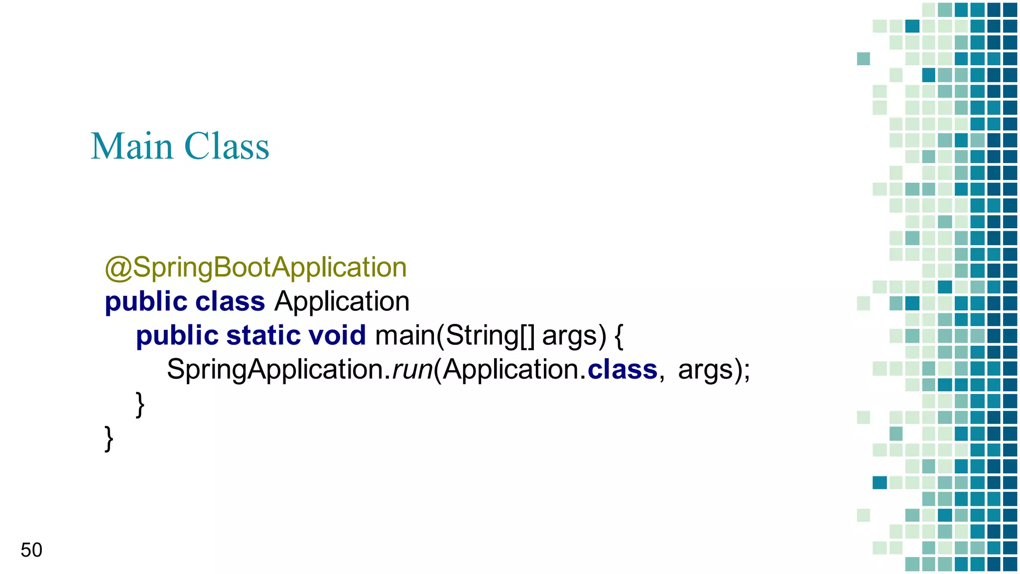 Running Spring Boot Application
46
$ mvn spring-boot:run # 혹은 ./mvnw spring-boot:run
[INFO] Scanning for projects...
[INFO] ------------------------------------------------------------------------
[INFO] Reactor Build Order:
[INFO]
[INFO] ------------------------------------------------------------------------
[INFO] Building ….
[INFO] ------------------------------------------------------------------------
[INFO] Downloading:
https://repo.maven.apache.org/maven2/org/springframework/security/spring-security-
core/maven-metadata.xml
[INFO] Downloading:
https://oss.sonatype.org/content/repositories/snapshots/org/springframework/security/spring
-security-core/maven-metadata.xml
[INFO] Downloading: https://repo.spring.io/libs-release
:
Started  Application  in  11.691  seconds  (JVM  running  for  14.505)
Source code:
$ git clone https://github.com/uengine-oss/software-modeling-class-management-monolith.git
 