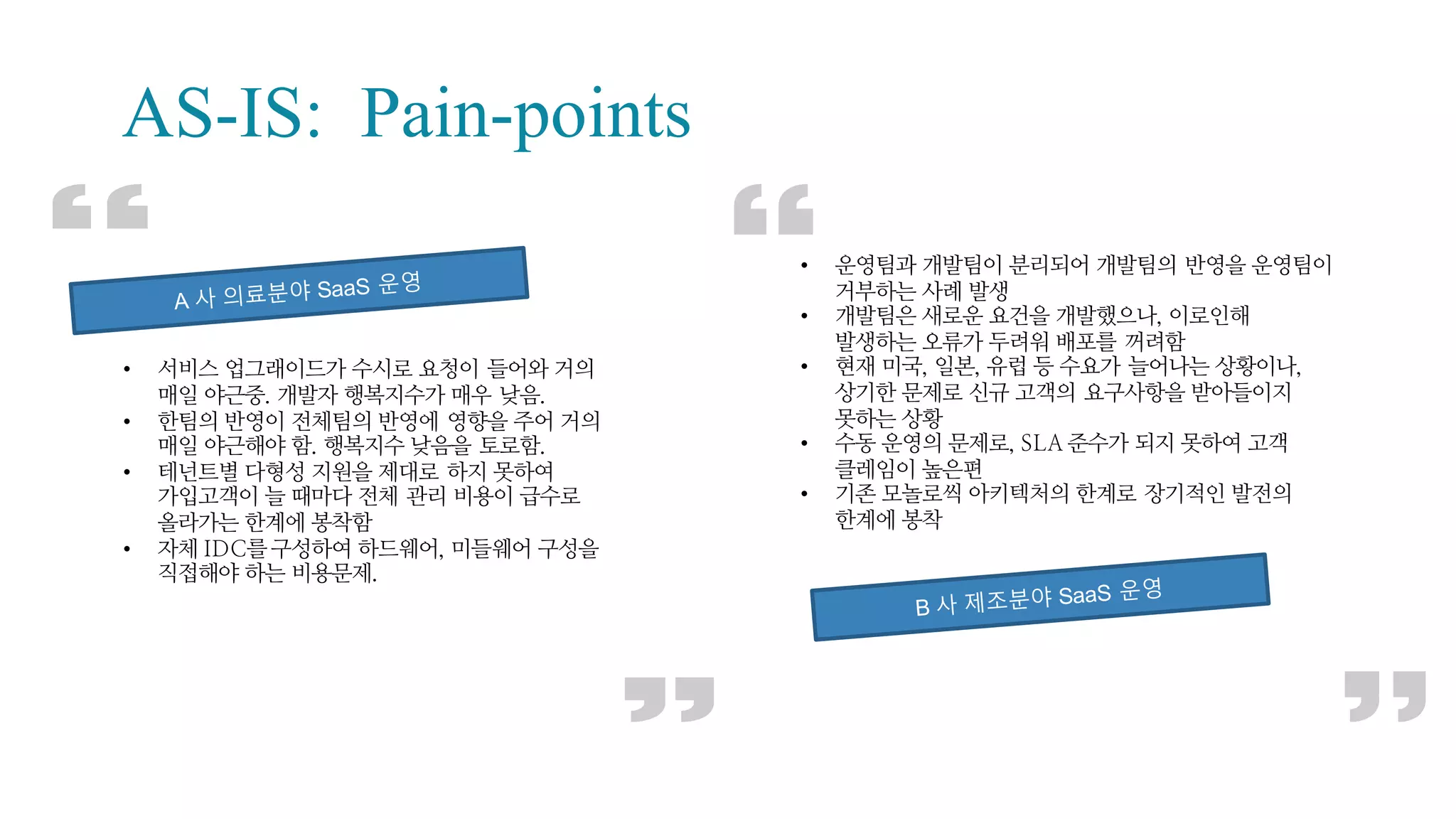 AS-IS: Pain-points
• 운영팀과 개발팀이 분리되어 개발팀의 반영을 운영팀이
거부하는 사례 발생
• 개발팀은 새로운 요건을 개발했으나, 이로인해
발생하는 오류가 두려워 배포를 꺼려함
• 현재 미국, 일본, 유럽 등 수요가 늘어나는 상황이나,
상기한 문제로 신규 고객의 요구사항을 받아들이지
못하는 상황
• 수동 운영의 문제로, SLA 준수가 되지 못하여 고객
클레임이 높은편
• 기존 모놀로씩 아키텍처의 한계로 장기적인 발전의
한계에 봉착
• 서비스 업그래이드가 수시로 요청이 들어와 거의
매일 야근중. 개발자 행복지수가 매우 낮음.
• 한팀의 반영이 전체팀의 반영에 영향을 주어 거의
매일 야근해야 함. 행복지수 낮음을 토로함.
• 테넌트별 다형성 지원을 제대로 하지 못하여
가입고객이 늘 때마다 전체 관리 비용이 급수로
올라가는 한계에 봉착함
• 자체 IDC를구성하여 하드웨어, 미들웨어 구성을
직접해야 하는 비용문제.
 