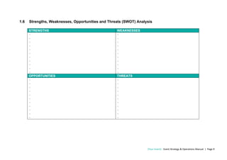 [Your Event] - Event Strategy & Operations Manual | Page 9
1.6 Strengths, Weaknesses, Opportunities and Threats (SWOT) Analysis
STRENGTHS WEAKNESSES
-
-
-
-
-
-
-
-
-
-
-
-
-
-
-
-
-
-
-
-
-
-
OPPORTUNITIES THREATS
-
-
-
-
-
-
-
-
-
-
-
-
-
-
-
-
-
-
-
-
-
-
 