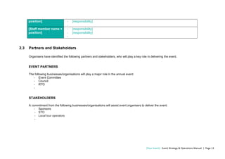 [Your Event] - Event Strategy & Operations Manual | Page 13
position] - [responsibility]
-
[Staff member name +
position]
- [responsibility]
- [responsibility]
-
2.3 Partners and Stakeholders
Organisers have identified the following partners and stakeholders, who will play a key role in delivering the event.
EVENT PARTNERS
The following businesses/organisations will play a major role in the annual event:
- Event Committee
- Council
- RTO
-
STAKEHOLDERS
A commitment from the following businesses/organisations will assist event organisers to deliver the event:
- Sponsors
- STO
- Local tour operators
-
 
