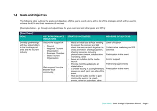 [Your Event] - Event Strategy & Operations Manual | Page 4
1.4 Goals and Objectives
The following table outlines the goals and objectives of [this year’s event], along with a list of the strategies which will be used to
achieve the KPIs and their measures of success.
[Examples below – go through and adjust these for your event and add other goals and KPI’s]
[Your Event]
GOAL KEY PERFORMANCE
INDICATORS
STRATEGY/ACTIVITIES MEASURE OF SUCCESS
Develop partnerships
with key stakeholders
in the local/regional
area and the tourism
industry
Secure the support of:
- Council
- Regional Tourism
Organisation
- Business Chamber
- State Tourism
Organisation
Gain support from the
broader local
community.
- Have an initial face to face meeting
to present the concept and talk
about how we can work together i.e.
cross-promotion, sharing suppliers,
sharing resources including
photos/video content, collaborative
marketing, other
- Issue an invitation to the media
launch
- Provide monthly updates to all
stakeholders
- Consider issuing 1-2 complimentary
passes so each party can attend the
event
- Host several public events to gain
community support i.e. youth
events, street-art activation, other
Letter of support
Collaborative marketing and PR
activities
Participation in the event
In-kind support
Partnership agreements
Participation in the event
 