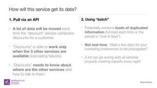 @samuelroze
How will this service get its data?
1. Pull via an API
• A lot of data will be moved each
time the “discount” ...