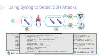 Using Syslog to Detect SSH Attacks
KSQL
Syslog Syslog Data Syslog Data
Sink
connector
ksql> CREATE SINK CONNECTORSINK_SCYLLA_SYSLOG WITH (
'connector.class' = 'io.connect.scylladb.ScyllaDbSinkConnector',
'connection.url' = 'localhost:9092',
'type.name' = '',
'behavior.on.malformed.documents' = 'warn',
'errors.tolerance' = 'all',
'errors.log.enable' = 'true',
'errors.log.include.messages' = 'true',
'topics' = 'syslog',
'key.ignore' = 'true',
'schema.ignore' = 'true',
'key.converter' = 'org.apache.kafka.connect.storage.StringConverter'
);
ksql> CREATE STREAM SYSLOG WITH (KAFKA_TOPIC='syslog', VALUE_FORMAT='AVRO');
ksql> SELECT TIMESTAMPTOSTRING(S.DATE, 'yyyy-MM-dd HH:mm:ss') AS SYSLOG_TS, S.HOST,
F.DESCRIPTION AS FACILITY, S.MESSAGE, S.REMOTEADDRESS FROM SYSLOG S
LEFT OUTER JOIN FACILITY F ON S.FACILITY=F.ROWKEY WHERE S.HOST='demo' EMIT CHANGES;
ksql> CREATE STREAM SYSLOG_INVALID_USERS AS SELECT * FROM SYSLOG WHERE MESSAGE LIKE
'Invalid user%';
ksql> CREATE STREAM SSH_ATTACKS AS SELECT TIMESTAMPTOSTRING(DATE, 'yyyy-MM-dd HH:mm:ss')
AS SYSLOG_TS, HOST, SPLIT(REPLACE(MESSAGE,'Invalid user ',''),' from ')[0] AS ATTACK_USER,
SPLIT(REPLACE(MESSAGE,'Invalid user ',''),' from ')[1] AS ATTACK_IP FROM
SYSLOG_INVALID_USERS EMIT CHANGES;
ksql> CREATE TABLE SSH_ATTACKS_BY_USER AS SELECT ATTACK_USER, COUNT(*) AS ATTEMPTS FROM
SSH_ATTACKS GROUP BY ATTACK_USER;
ksql> SELECT ATTACK_USER, ATTEMPTS FROM SSH_ATTACKS_BY_USER EMIT CHANGES; (push)
ksql> SELECT ATTACK_USER, ATTEMPTS FROM SSH_ATTACKS_BY_USER WHERE ROWKEY='oracle'; (pull)
Sink
connector
ksql> CREATE SOURCE CONNECTOR SOURCE_SYSLOG_UDP_01 WITH (
'tasks.max' = '1',
'connector.class',
'io.confluent.connect.syslog.SyslogSourceConnector',
'topic' = 'syslog',
'syslog.port' = '42514',
'syslog.listener' = 'UDP',
'syslog.reverse.dns.remote.ip' = 'true',
'confluent.license' = '',
'confluent.topic.bootstrap.servers' = 'kafka:29092',
'confluent.topic.replication.factor' = '1'
);
ksql> CREATE SINK CONNECTOR SINK_ELASTIC_SYSLOG WITH (
'connector.class' =
'io.confluent.connect.elasticsearch.ElasticsearchSinkConnector',
'connection.url' = 'http://elasticsearch:9200',
'type.name' = '',
'behavior.on.malformed.documents' = 'warn',
'errors.tolerance' = 'all',
'errors.log.enable' = 'true',
'errors.log.include.messages' = 'true',
'topics' = 'SYSLOG_INVALID_USERS',
'key.ignore' = 'true',
'schema.ignore' = 'true',
'key.converter' = 'org.apache.kafka.connect.storage.StringConverter'
);
 