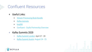 + Useful Links:
+ Stream Processing Book Bundle
+ Kafka tutorials
+ ksqlDB
+ Confluent - Scylla Partnership Overview
+ Kafka Summits 2020
+ Kafka Summit London: April 27 - 28
+ Kafka Summit Austin: August 24 - 25
Confluent Resources
 