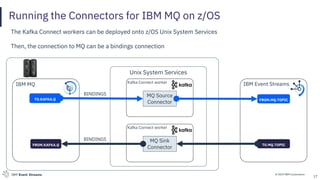 © 2019 IBM CorporationIBM Event Streams
Unix System Services
Running the Connectors for IBM MQ on z/OS
17
IBM MQ
FROM.MQ.TOPICTO.KAFKA.Q
IBM Event StreamsKafka Connect worker
FROM.KAFKA.Q
MQ Source
Connector
TO.MQ.TOPIC
Kafka Connect worker
MQ Sink
Connector
The Kafka Connect workers can be deployed onto z/OS Unix System Services
Then, the connection to MQ can be a bindings connection
BINDINGS
BINDINGS
 