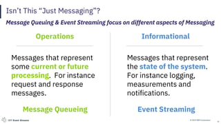 © 2019 IBM CorporationIBM Event Streams
Message Queuing & Event Streaming focus on different aspects of Messaging
Operations Informational
Messages that represent
some current or future
processing. For instance
request and response
messages.
Messages that represent
the state of the system.
For instance logging,
measurements and
notifications.
Event StreamingMessage Queueing
27
Isn’t This “Just Messaging”?
 