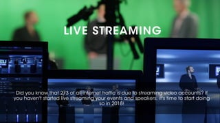 LIVE STREAMING
Did you know that 2/3 of all internet traffic is due to streaming video accounts? If
you haven't started li...