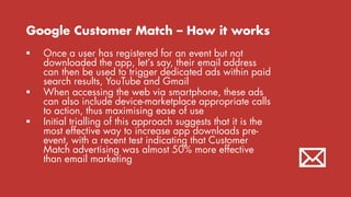 Google Customer Match – How it works
 Once a user has registered for an event but not
downloaded the app, let’s say, thei...