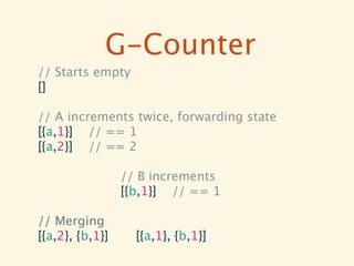 G-Counter
// Starts empty
[]

// A increments twice, forwarding state
[{a,1}] // == 1
[{a,2}] // == 2

                 // B increments
                 [{b,1}] // == 1

// Merging
[{a,2}, {b,1}]     [{a,1}, {b,1}]
 