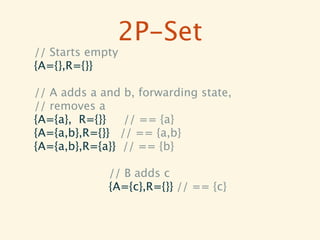 2P-Set
// Starts empty
{A={},R={}}

// A adds a and b, forwarding state,
// removes a
{A={a}, R={}}   // == {a}
{A={a,b},R={}} // == {a,b}
{A={a,b},R={a}} // == {b}

             // B adds c
             {A={c},R={}} // == {c}
 