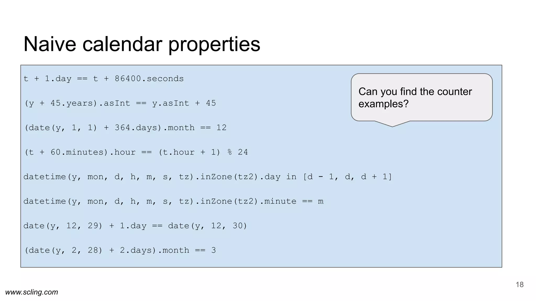www.scling.com
Naive calendar properties
t + 1.day == t + 86400.seconds
(y + 45.years).asInt == y.asInt + 45
(date(y, 1, 1) + 364.days).month == 12
(t + 60.minutes).hour == (t.hour + 1) % 24
datetime(y, mon, d, h, m, s, tz).inZone(tz2).day in [d - 1, d, d + 1]
datetime(y, mon, d, h, m, s, tz).inZone(tz2).minute == m
date(y, 12, 29) + 1.day == date(y, 12, 30)
(date(y, 2, 28) + 2.days).month == 3
18
Can you find the counter
examples?
 