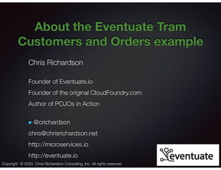 @crichardson
About the Eventuate Tram
Customers and Orders example
Chris Richardson
Founder of Eventuate.io
Founder of the original CloudFoundry.com
Author of POJOs in Action
@crichardson
chris@chrisrichardson.net
http://microservices.io
http://eventuate.io
Copyright © 2020. Chris Richardson Consulting, Inc. All rights reserved
 