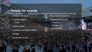 Hotels for events
 Position / location
 Accommodation
 Bars
 Ceiling height
 Creativity and style of décor
 Budget
 Landmark venues
 Regulated and graded
 Standardised brands
= Standards
= Services
(expectations)
 