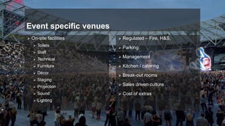 Event specific venues
 On-site facilities
 Toilets
 Staff
 Technical
 Furniture
 Décor
 Staging
 Projection
 Sound
 Lighting
 Regulated – Fire, H&S,
 Parking
 Management
 Kitchen / catering
 Break-out rooms
 Sales driven culture
 Cost of extras
 