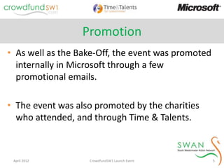 Promotion
• As well as the Bake-Off, the event was promoted
  internally in Microsoft through a few
  promotional emails.

• The event was also promoted by the charities
  who attended, and through Time & Talents.



 April 2012        CrowdfundSW1 Launch Event        5
 