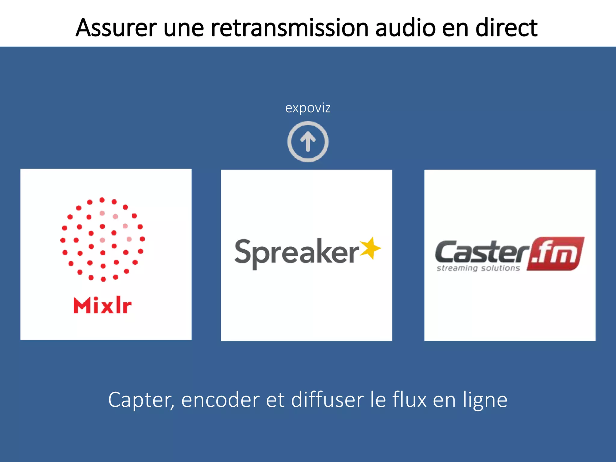 Assurer une retransmission audio en direct
Capter, encoder et diffuser le flux en ligne
expoviz
 