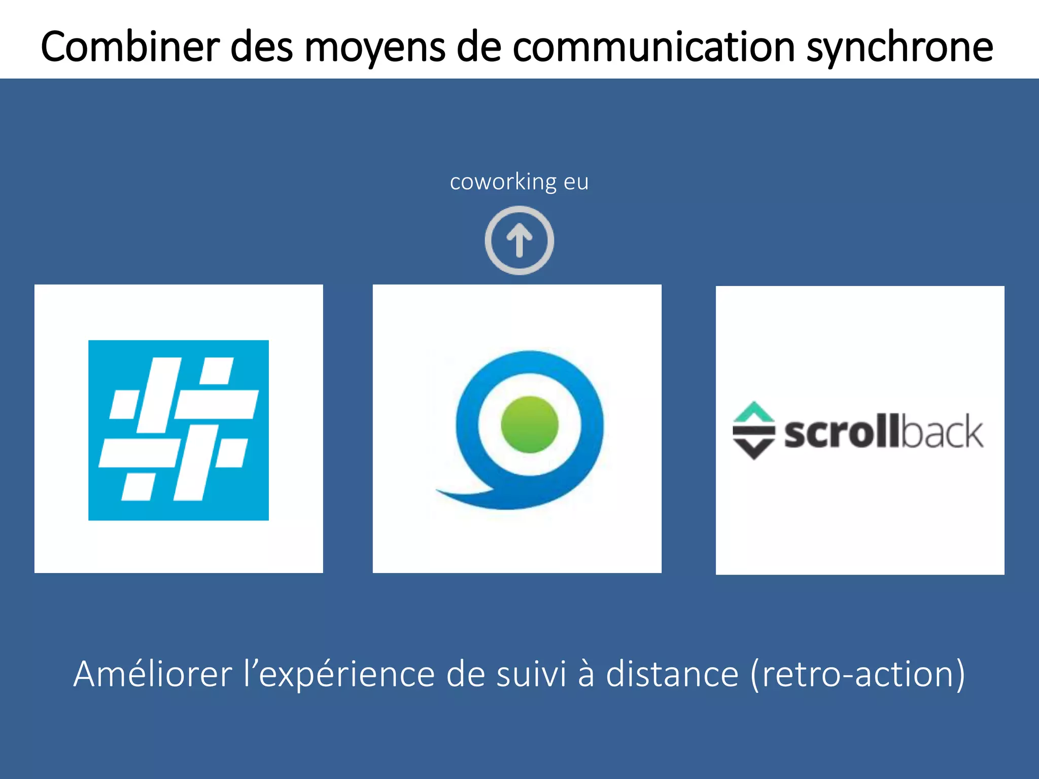 Combiner des moyens de communication synchrone
Améliorer l’expérience de suivi à distance (retro-action)
coworking eu
 