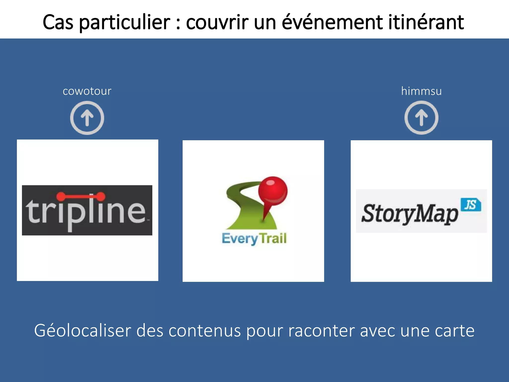 Cas particulier : couvrir un événement itinérant
Géolocaliser des contenus pour raconter avec une carte
cowotour himmsu
 