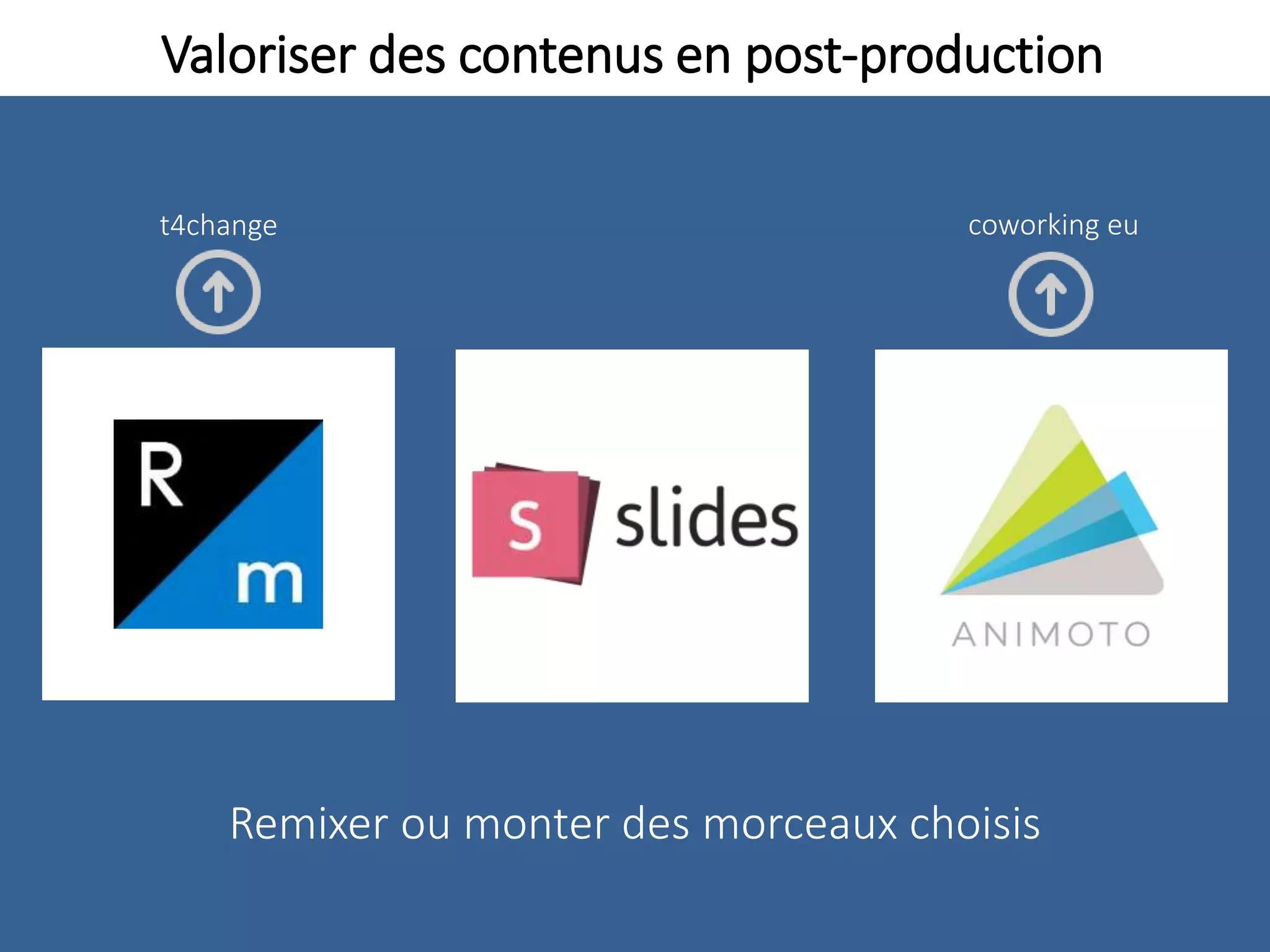 Valoriser des contenus en post-production
Remixer ou monter des morceaux choisis
coworking eut4change
 