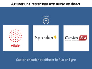 Assurer une retransmission audio en direct
Capter, encoder et diffuser le flux en ligne
expoviz
 