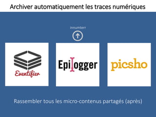 Archiver automatiquement les traces numériques
Rassembler tous les micro-contenus partagés (après)
innumterr
 