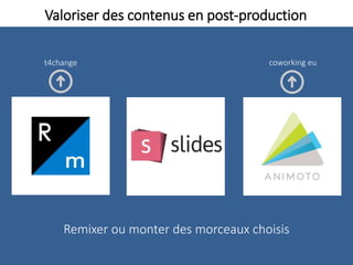 Valoriser des contenus en post-production
Remixer ou monter des morceaux choisis
coworking eut4change
 