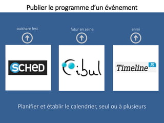 Publier le programme d’un événement
Planifier et établir le calendrier, seul ou à plusieurs
futur en seine enmiouishare fest
 