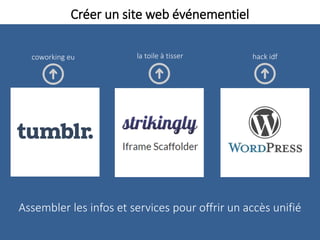 Créer un site web événementiel
Assembler les infos et services pour offrir un accès unifié
la toile à tisser hack idfcoworking eu
 