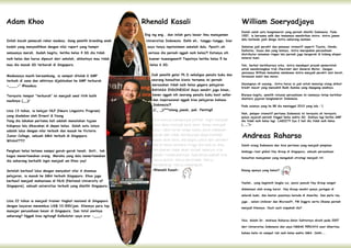 Adam Khoo                                                         Rhenald Kasali                                          William Soeryadjaya
                                                                                                                          Dialah salah satu konglomerat yang pernah dimiliki Indonesia. Pada
                                                                  Eng ing eng.. dan inilah guru besar ilmu manajemen      1957, ia bersama adik dan temannya mendirikan Astra. Astra jaman
                                                                                                                          dulu berbeda jauh denga Astra sekarang maimen.
Inilah bocah pemecah rekor madesu. Sang pemilik branding anak      Universitas Indonesia. Eehh eh… tunggu-tunggu, biar
bodoh yang menyedihkan dengan nilai raport yang hampir             saya tanya inpotainmen sebelah dulu. Ppsstt…eh         Sebelum jadi perakit dan pemasar otomotif seperti Toyota, Honda,
                                                                                                                          Daihatsu, Isuzu dan yang lainnya, Astra merupakan perusahaan
semuanya merah. Sudah begitu, ketika kelas 4 SD dia tidak           seriosa dia pernah nggak naik kelas?! Katanya sih     distributor minuman ringan lalu pernah juga bergerak di bidang ekspor
naik kelas dan harus dipecat dari sekolah, akibatnya mau tidak      buener buwangeeet!! Tepatnya ketika kelas 5 ke        mineral bumi.

mau dia masuk SD terburuk di Singapura.                              kelas 6 SD.                                          Yah, berkat berkibarnya orba, Astra mendapat proyek pemerintah
                                                                                                                          untuk mendatangkan truk Chevrolet dari General Motor. Dengan
                                                                                                                          jeniusnya William kemudian membawa Astra menjadi perakit alat berat,
Madesunya masih bersambung, ia sempat ditolak 6 SMP                  Jadi pemilik gelar Ph.D sekaligus penulis buku dan   termasuk mobil dan motor.
terbaik di sana dan akhirnya dijebloskan ke SMP terburuk             seorang konsultan bisnis ternama ini pernah
                                                                     merasakan tidak naik kelas gegara pelajaran          Sayangnya oh sayang… Astra harus ia jual untuk menutup utang akibat
=____=” #madesu                                                                                                           kredit macet yang mencekik Bank Summa yang dipegang anaknya.
                                                                     BAHASA INDONESIA! Saya sendiri juga binun…
Ternyata tempat “terburuk” ini menjadi awal titik balik               bener nggak nih seorang penulis buku best seller    Biarpun begitu, pemilik ratusan perusahaan ini namanya tetap berkibar
                                                                      dan inspirasional nggak bisa pelajaran bahasa       diantara jajaran konglomerat Indonesia.
nasibnya (__)/
                                                                      Indonesia?!                                         Pada usianya yang ke 88 dia meninggal 2010 yang lalu :'(
Usia 13 tahun, ia belajar NLP (Neuro Linguistic Program)              (/_ _)/**tolong jawab, pak. Penting!!
                                                                                                                          Nah, pelopor otomotif pertama Indonesia ini ternyata oh ternyata
yang diadakan oleh Ernest & Young.                                                                                        punya sejarah pernah tinggal kelas waktu SD. Sialnya lagi ketika SMP
Yang dia lakukan pertama kali adalah menuliskan tujuan                 Kita semua mempunyai pilihan. Ingin menjadi        dia tidak naik kelas lagi. LAGII??! Iya 2 kali dia tidak naik kelas
hidupnya lalu dibacakan di depan kelas. Salah satu isinya              telur atau menjadi bola tenis. Kalau menjadi       (_ _”)>



                                                                                                                          Andreas Raharso
adalah lulus dengan nilai terbaik dan masuk ke Victoria                telur, lebih keras tetapi kalau jatuh kebawah
Junior College, sebuah SMA terbaik di Singapura.                       pecah dan tidak mempunyai daya membal.
WHAATT!?                                                               Kalau bola tenis, dia begitu jatuh dan semakin
                                                                       dia di tekan semakin tinggi dia naik ke atas.      Ininih orang Indonesia dan Asia pertama yang menjadi pimpinan
Penghuni kelas ketawa sampai garuk-garuk tanah. Sstt… tak              Perubahan tidak akan terjadi sebelum kita          lembaga riset global Hay Group di Singapura, sebuah perusahaan
bagus menertawakan orang. Mereka yang dulu menertawakan                sendiri melakukannya. Syaratnya adalah kita
                                                                                                                          konsultan manajemen yang mengubah strategi menjadi riil.
dia sekarang berbalik ingin menjadi um Khoo yay!                      harus action, harus bertindak. Harus
                                                                      mendatangi. Harus melangkah.
Setelah berhasil lulus dengan menyabet nilai A disemua                -Rhenald Kasali-                                    Emang apanya yang hebat?
pelajaran, ia masuk ke SMA terbaik Singapura. Khoo juga
berhasil menjadi mahasiswa di NUS (National University of
                                                                                                                          Yaelah… yang begininih langka cui, posisi puncak Hay Group sangat
Singapore), sebuah universitas terbaik yang dimiliki Singapura.
                                                                                                                          didominasi oleh orang barat. Hay Group sendiri punya jaringan di

                                                                                                                          seluruh bumi, dan kantor pusatnya berada di Amerika. Dan perlu tau
Usia 22 tahun ia menjadi trainer tingkat nasional di Singapura                                                            juga , selain Unilever dan Microsoft, PM Inggris serta Obama pernah
dengan bayaran menembus US$ 10.000/jam. Kliennya para top
                                                                                                                          menjadi kliennya. Ouch ouch siapakah dia?
manajer perusahaan besar di Singapura. Dan total asetnya
sekarang? Nggak bisa ngitung!! Kalkulator saya eror -___-
                                                                                                                          Yeis, dialah Dr. Andreas Raharso.Gelar Doktornya diraih pada 2007

                                                                                                                          dari Universitas Indonesia dan saya NGGAK PERCAYA saat diberitau

                                                                                                                          bahwa belio ini sempat tak naik kelas waktu SMA. Oohh……
 