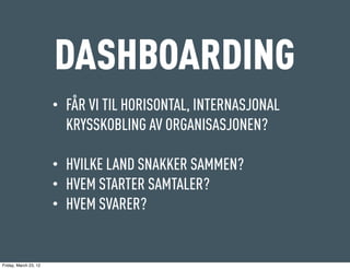 DASHBOARDING
                       •   FÅR VI TIL HORISONTAL, INTERNASJONAL
                           KRYSSKOBLING AV ORGANISASJONEN?

                       •   HVILKE LAND SNAKKER SAMMEN?
                       •   HVEM STARTER SAMTALER?
                       •   HVEM SVARER?


Friday, March 23, 12
 