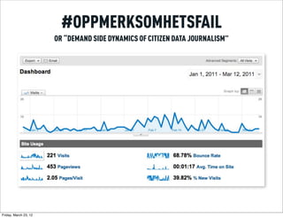 #OPPMERKSOMHETSFAIL
                       OR “DEMAND SIDE DYNAMICS OF CITIZEN DATA JOURNALISM”




Friday, March 23, 12
 