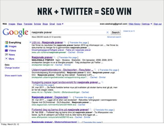 NRK + TWITTER = SEO WIN




Friday, March 23, 12
 